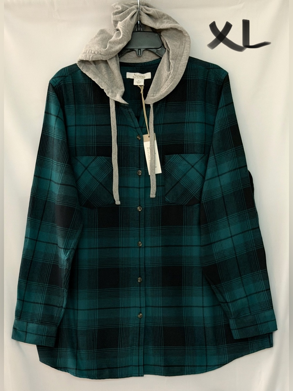 Natural Reflections Teal and Gray Plaid Hooded Shirt Jacket